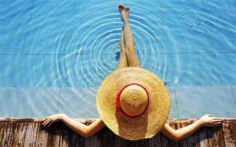 Wallpaper Women Model Legs Hat Swimming Pool Arms Art 1280x800