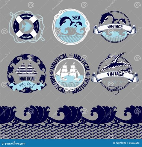 Nautical Emblems Set With Marine Object And Silhouettes Cartoon Vector