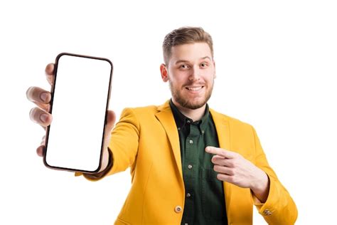 Premium Photo Man Holding Smartphone With White Screen