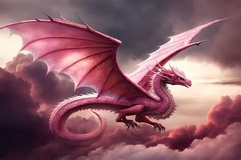 Dragon rose planant à travers les nuages ses ailes déployées sont