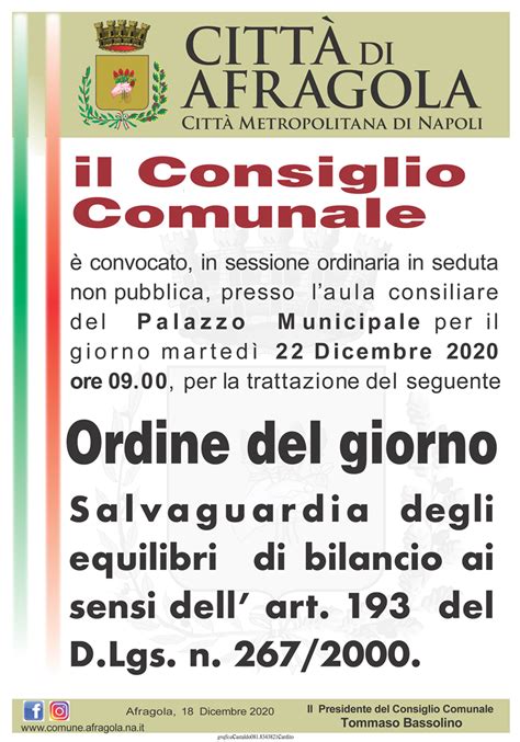 Convocazione Consiglio Comunale Per Il 22 Dicembre 2020