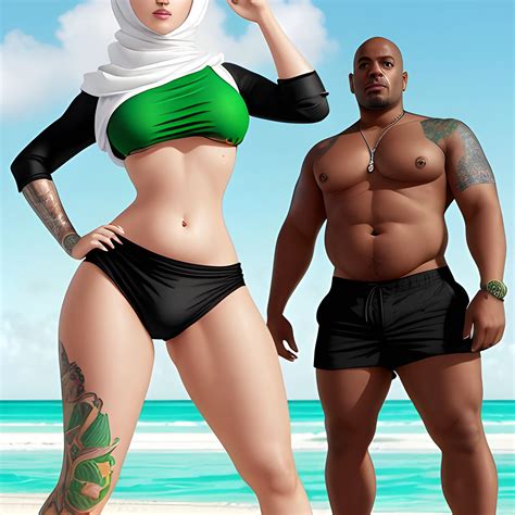 White Curvy Hijab Woman In Green Micro Bikini With A Black Stron