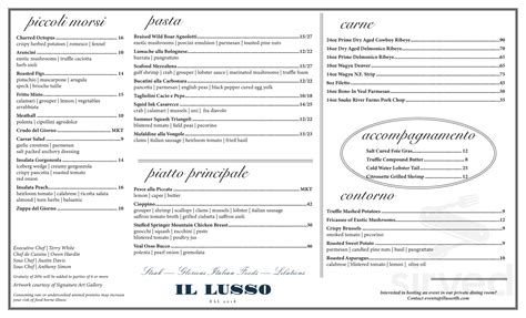 IL Lusso menu in Tallahassee, Florida, USA