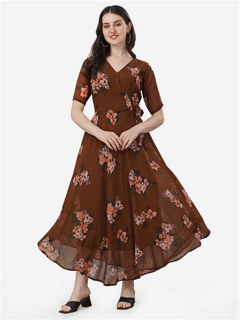 Buy Kalini Floral Printed V Neck Fit And Flare Tie Ups Maxi Ethnic Dress