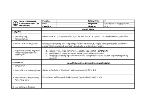 Es P DLL 9 Mod 1 Lloyd DLL IN VALUES ED WEEK 1 DAILY LESSON LOG