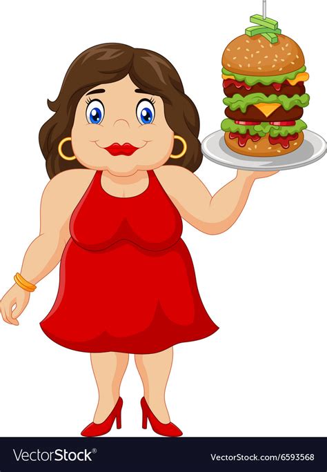 Cartoon Overweight Woman Holding Fast Food Vector Image