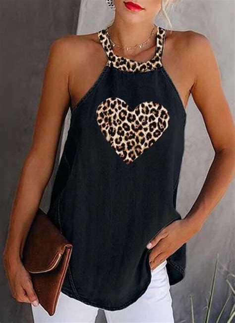 Print Leopard Round Neck Sleeveless Casual Tank Tops 1003297517