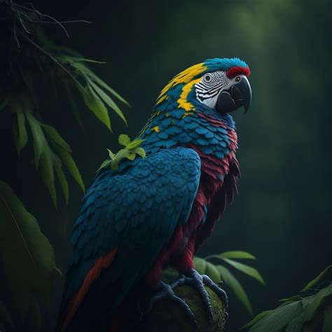 Un Loro Con Una Pluma Roja Y Azul En La Espalda Se Sienta En Una Rama