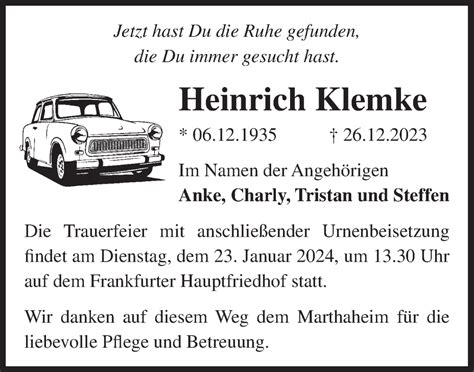 Traueranzeigen von Heinrich Klemke Märkische Onlinezeitung Trauerportal