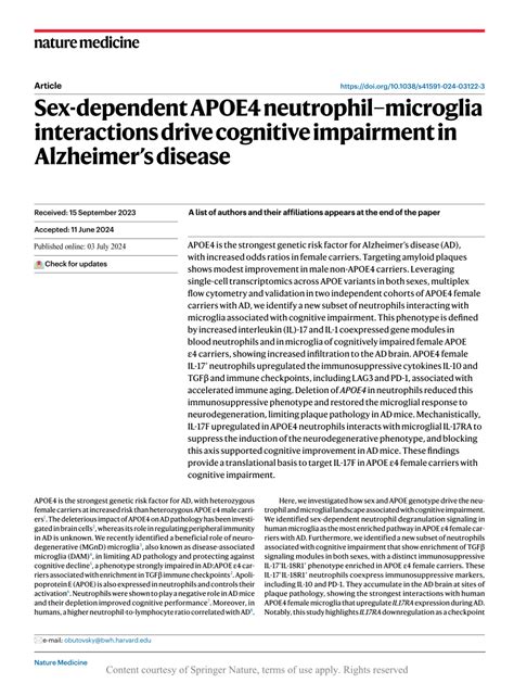 Sex Dependent Apoe4 Neutrophil Microglia Interactions Drive Cognitive Impairment In Alzheimer’s