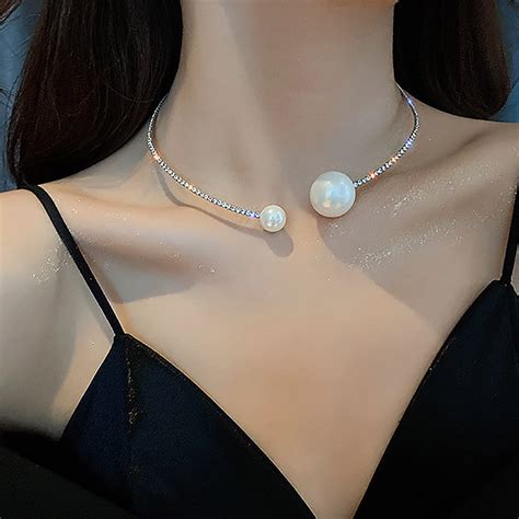 Amazon Jeairts Cystal Pearl Choker Necklace Silver Rhinestone