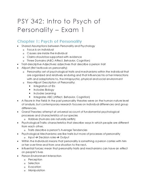 Exam Notes Psy Intro To Psych Of Personality Exam Chapter