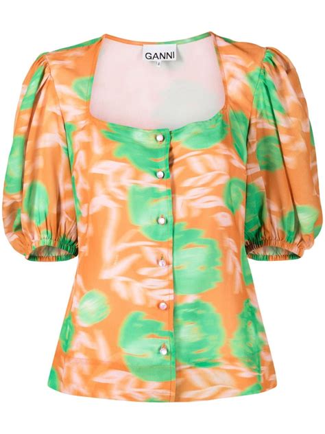 GANNI Floral Print Crepe Blouse Orange FARFETCH UK