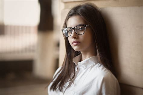 Women Portrait Women With Glasses Depth Of Field Shirt Face Blue