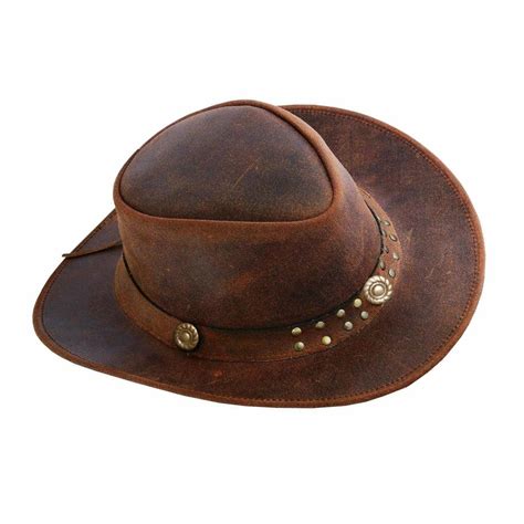 Western Cowboy Leather Hat Aussie Style Bush Distress Brown Hat Size 55