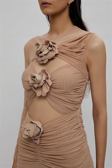 Nude Pink Net Fitted Dress Cutout Gown Shopping Outfit Aza Fashion