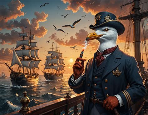 Seagull With A Sailors Hat Smoking On A Sherlock Holmes Pipe Watching