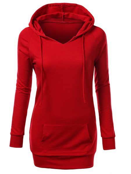 Trendy Hooded Long Sleeve Solid Color Pocket Design Womens Hoodie Red