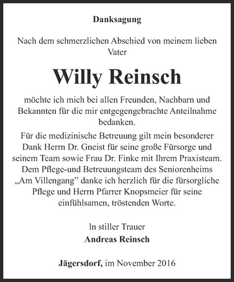 Traueranzeigen Von Willy Reinsch Trauer In Thueringen De