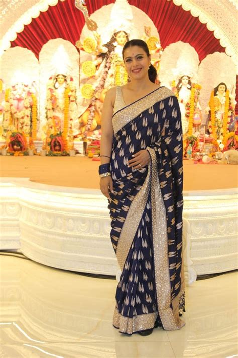 Kajol Flaunts A Regal Bold Ethnic Look In Blue Brocade Saree On Durga