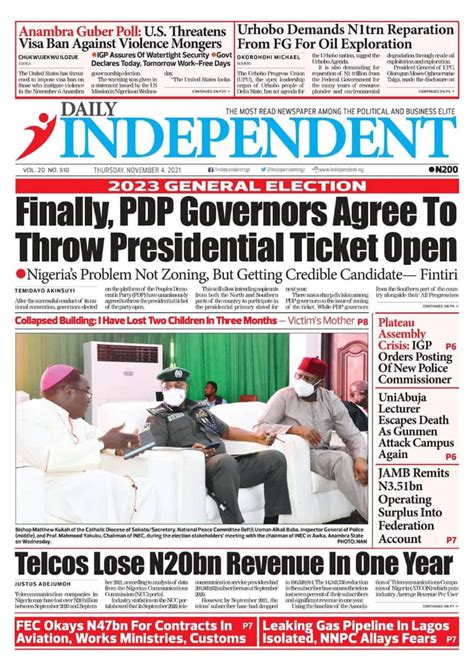 Nigerian Newspapers Daily Front Pages Review Thursday 4 November 2021