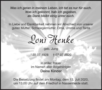 Traueranzeigen von Loni Henke Märkische Onlinezeitung Trauerportal