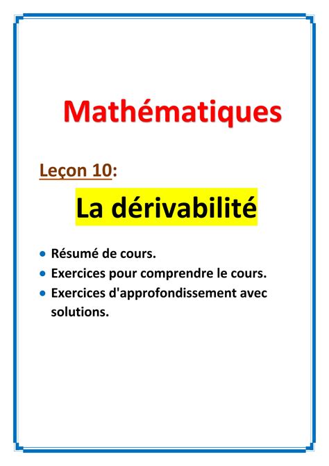 SOLUTION Cours Mathématiques La dérivabilité résumé de cours