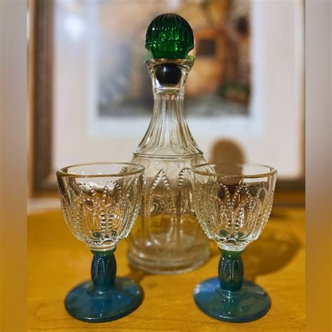 Avon Dining Vintage Avon Emerald Green Beaded Glass Wine Decanter And 2 Cordial Glasses