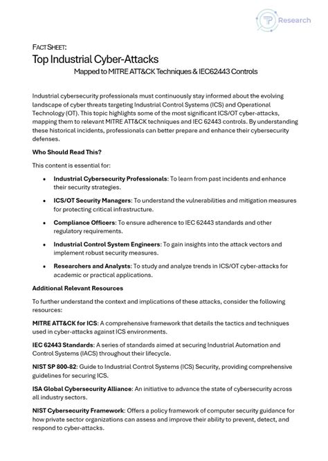 Fact Sheet Top Industrial Cyber Attacks Mapped To Mitre Attandck Techniques And Iec62443 Controls