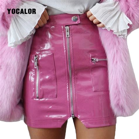 Yocalor Sexy High Waist Pu Leather Skirt Women Slim Zipper Pocket Skirts Women Spring Autumn