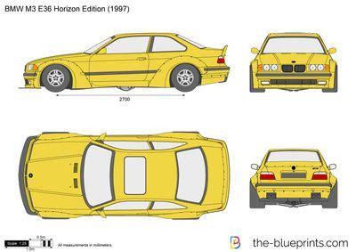 the blueprints bmw e36 sedan is shown in three different colors and sizes