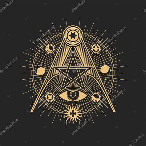 Signo masón símbolo de pentagrama esotérico oculto de ojo y brújulas