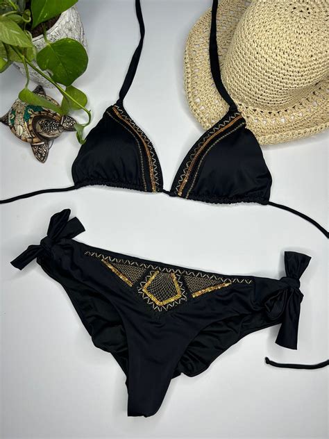 Two Piece Bikini Set Black Triangle Top Cheeky And Bottom Tie Straps Etsy