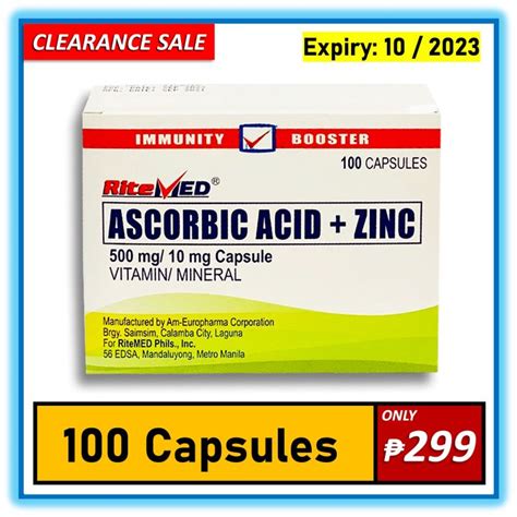 RiteMed Ascorbic Acid Zinc 100 Capsules 500mg 10mg Vitamin