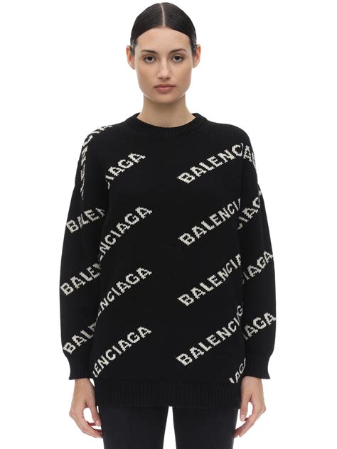 Balenciaga Crewneck Logo Intarsia Wool Sweater In Black Modesens