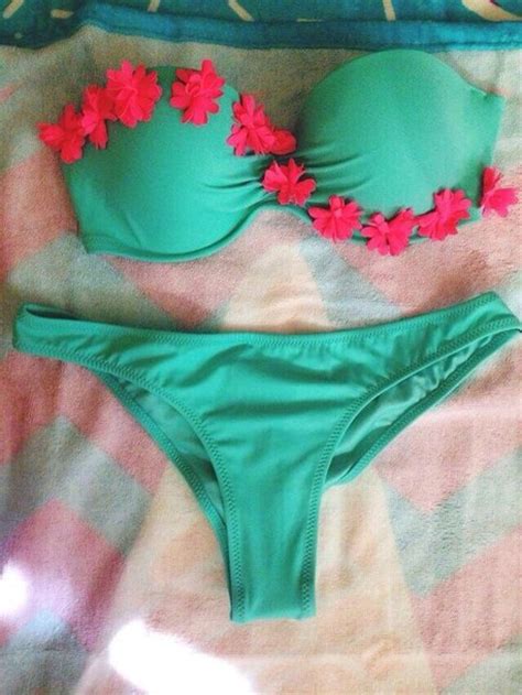 Swimwear Teal Flowers Pink Green Bandeau Bikini Bandeau Bikini