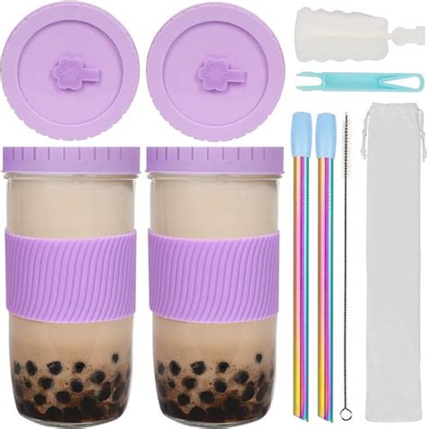 Set Van Bubble Tea Bekers Ml Drinkglazen Met Deksel En Rietje