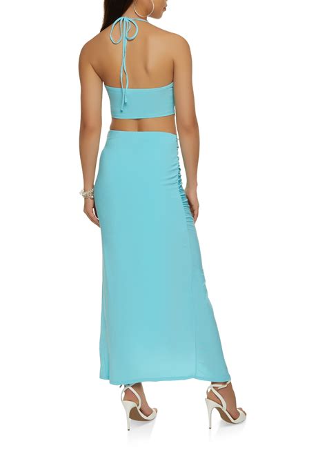 Cowl Neck Halter Crop Top And Skirt Set