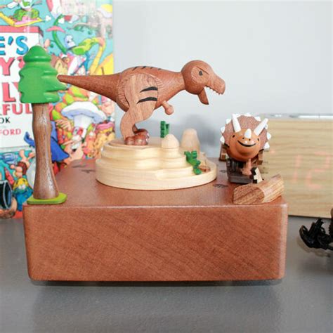 Dinosaur World Moving Wooden Music Box | T-Rex Chasing A Triceratops