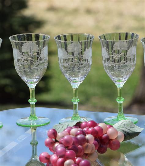 Vintage Green Stem Etched Wine Glasses Set Of 6 Green Vaseline Uranium Glass Wine Glasses