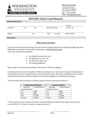 Fillable Online Wilmu 2015 2016 Teach Grant Request Wilmington