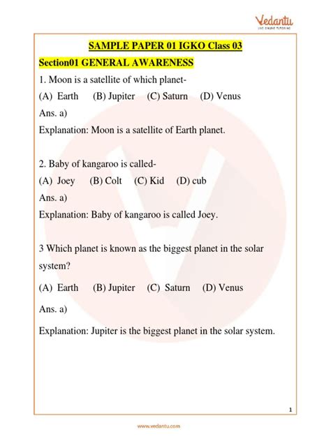 Igko Olympiad Sample Question Paper 1 Pdf With Answers For Class 3