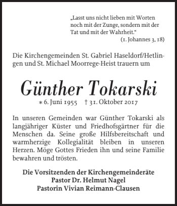 Traueranzeigen von Günther Tokarski sh z Trauer