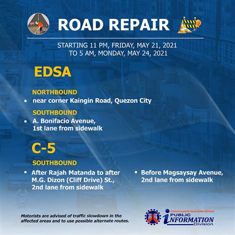 4 Sections Of EDSA C 5 For Repair This Weekend Department Of Public