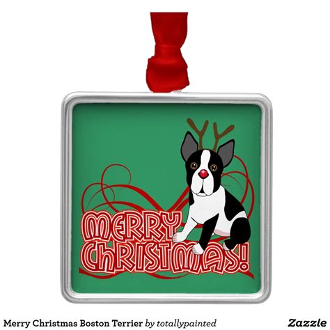 Merry Christmas Boston Terrier Metal Ornament Boston Terrier