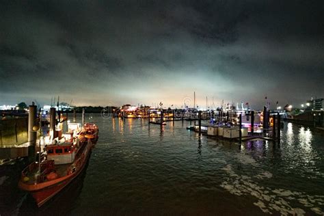 Hamburg harbor night view editorial stock photo. Image of container ...