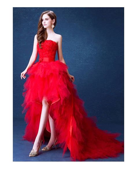 Poofy Red High Low Wedding Dresses With Train Ruffles Strapless Style