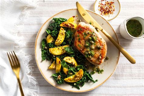 Pork Piccata With Lemon Caper Pan Sauce Sauteed Squash And Kale