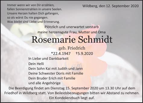 Traueranzeigen Von Rosemarie Schmidt Schwarzw Lder Bote Trauer