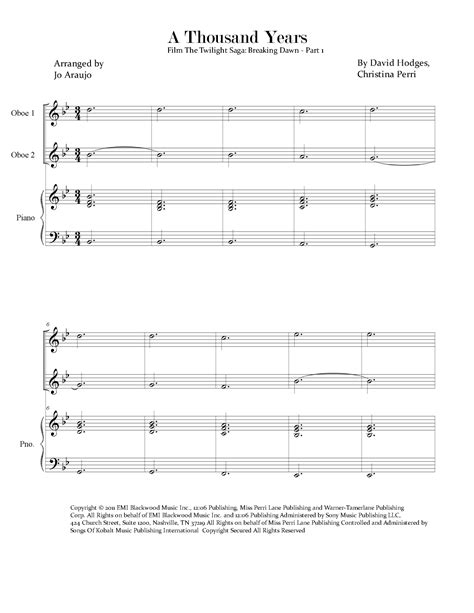 A Thousand Years Arr Jo Araujo Sheet Music Christina Perri Oboe Duet